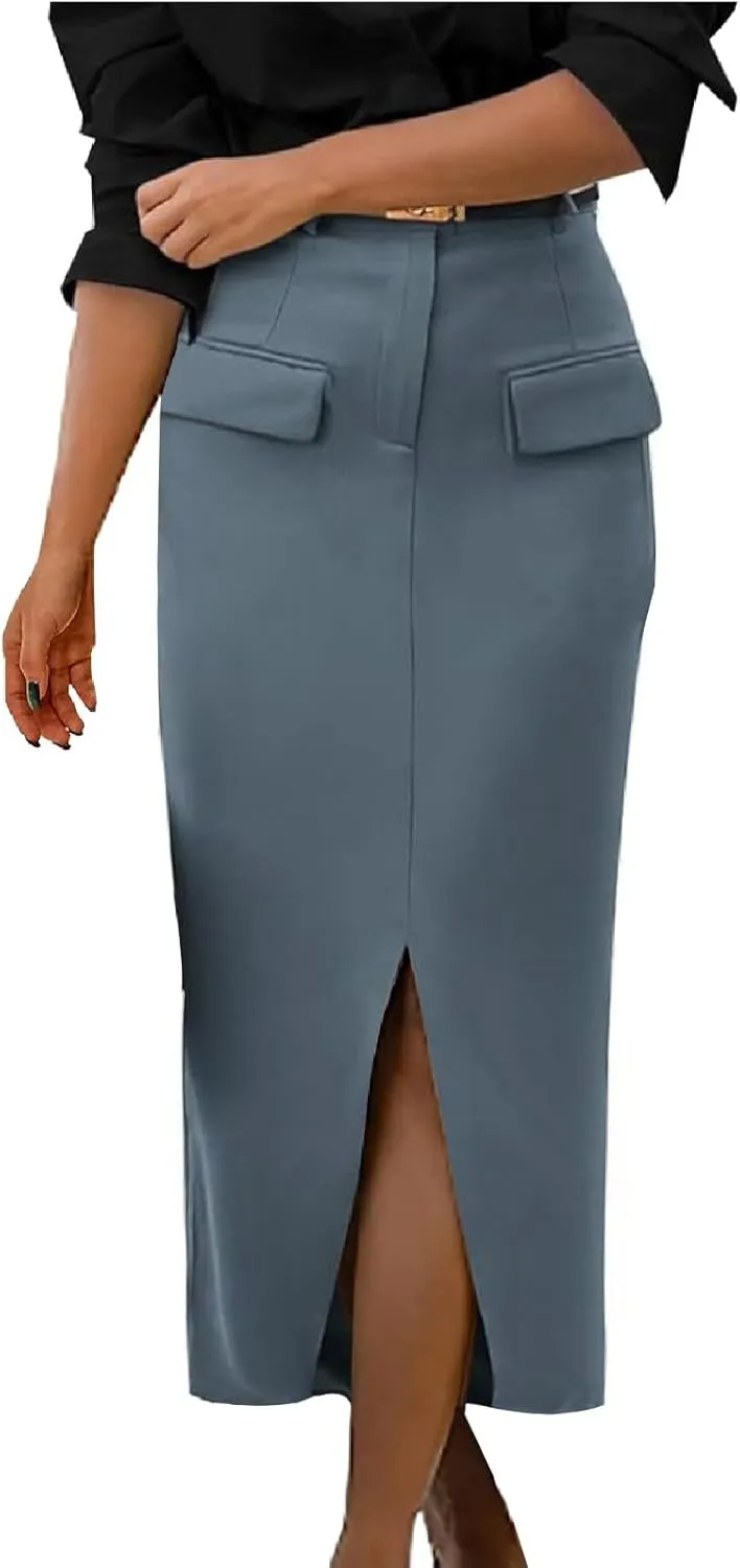 Women's Stretch Pencil Skirt Cotton Business Casual Work Midi Skirts Ladies Elastic Waist Slit Bodycon Suit Skorts
