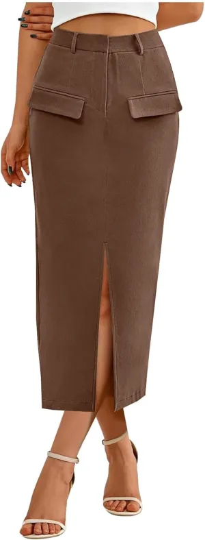 Women's Stretch Pencil Skirt Cotton Business Casual Work Midi Skirts Ladies Elastic Waist Slit Bodycon Suit Skorts