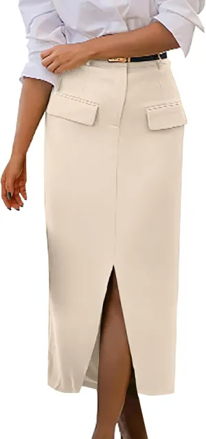 Women's Stretch Pencil Skirt Cotton Business Casual Work Midi Skirts Ladies Elastic Waist Slit Bodycon Suit Skorts