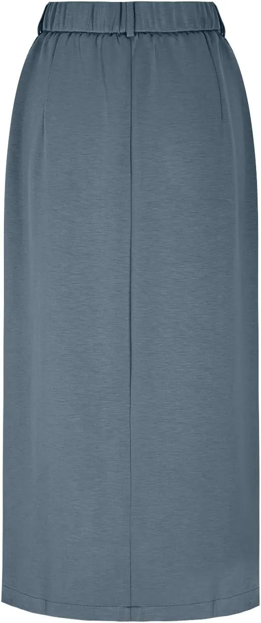 Women's Stretch Pencil Skirt Cotton Business Casual Work Midi Skirts Ladies Elastic Waist Slit Bodycon Suit Skorts