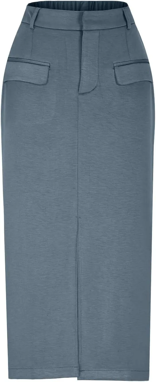 Women's Stretch Pencil Skirt Cotton Business Casual Work Midi Skirts Ladies Elastic Waist Slit Bodycon Suit Skorts