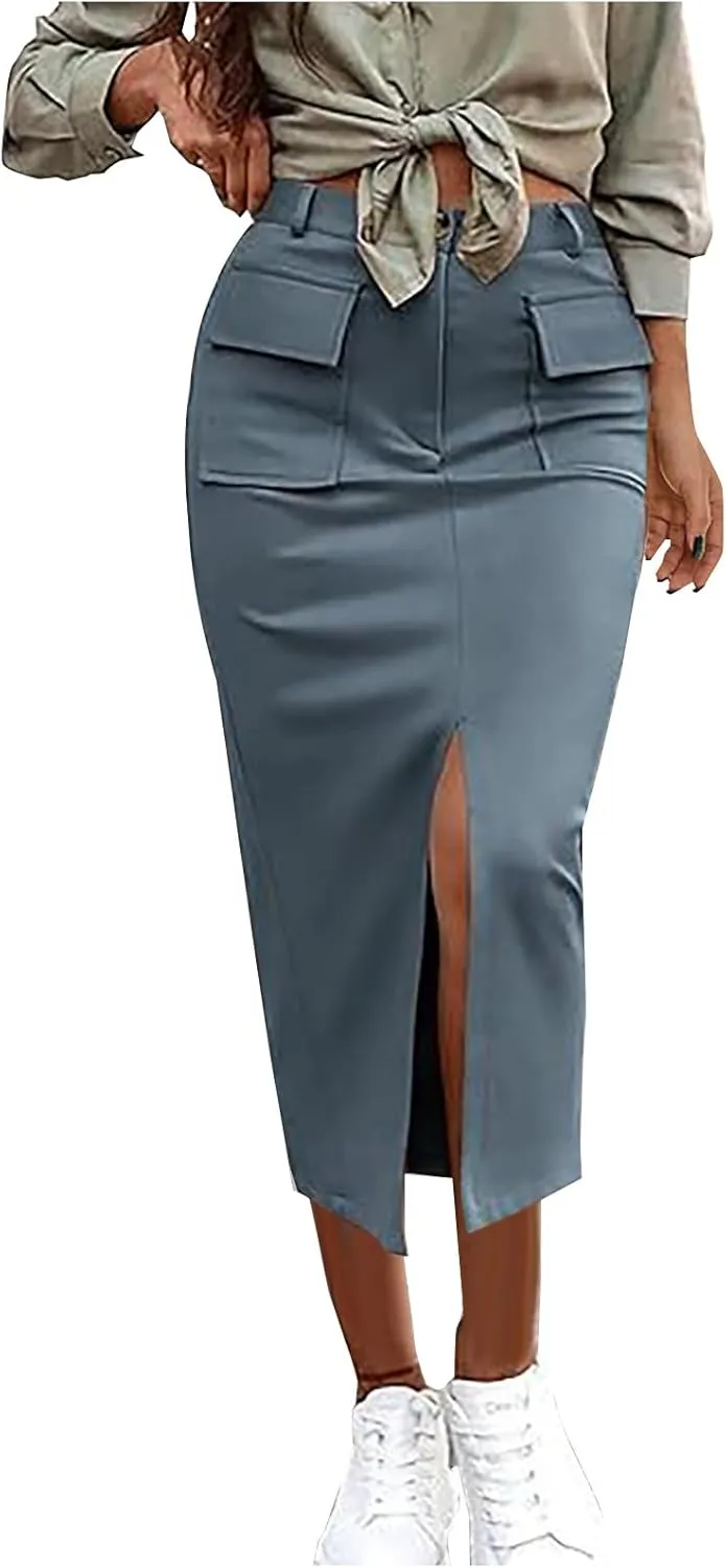 Women's Stretch Pencil Skirt Cotton Business Casual Work Midi Skirts Ladies Elastic Waist Slit Bodycon Suit Skorts