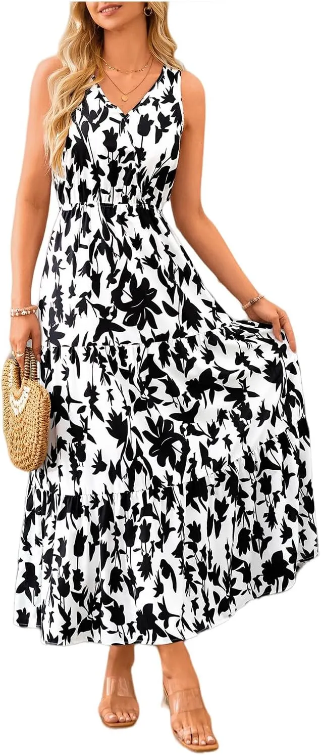 Womens Summer Dress Sleeveless V Neck Cute Floral Maxi Dresses Casual Flowy Swing Wedding Guest Long Dress