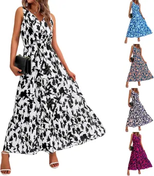 Womens Summer Dress Sleeveless V Neck Cute Floral Maxi Dresses Casual Flowy Swing Wedding Guest Long Dress