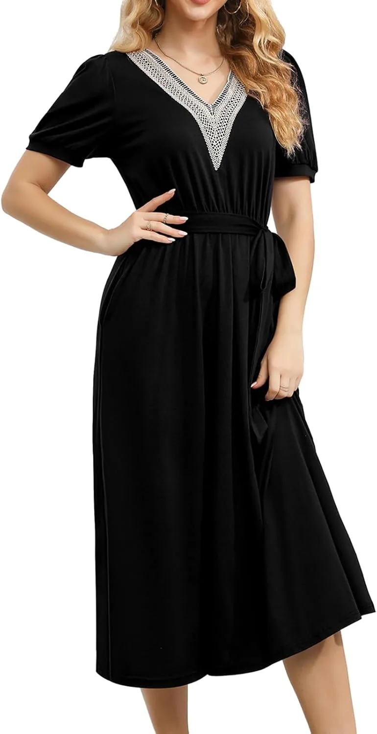 Women's Summer Elegant Short Sleeve V-Neck Double Pockets Dresses Casual Midi Length Flared A Line Dress with Belt 708