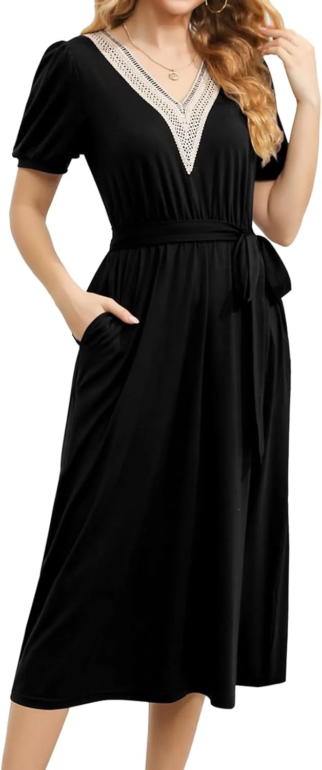 Women's Summer Elegant Short Sleeve V-Neck Double Pockets Dresses Casual Midi Length Flared A Line Dress with Belt 708
