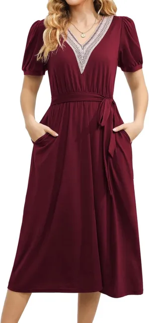 Women's Summer Elegant Short Sleeve V-Neck Double Pockets Dresses Casual Midi Length Flared A Line Dress with Belt 708