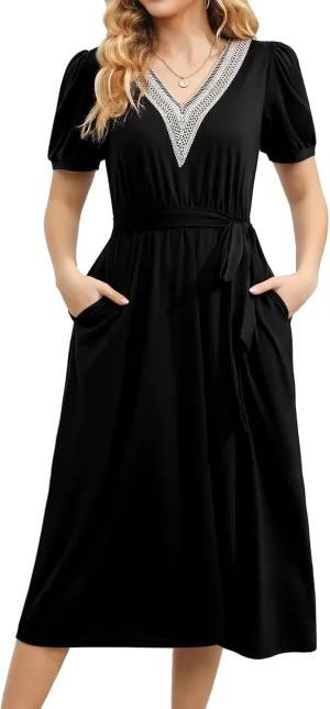 Women's Summer Elegant Short Sleeve V-Neck Double Pockets Dresses Casual Midi Length Flared A Line Dress with Belt 708
