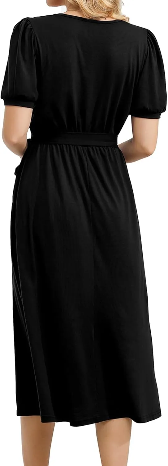 Women's Summer Elegant Short Sleeve V-Neck Double Pockets Dresses Casual Midi Length Flared A Line Dress with Belt 708