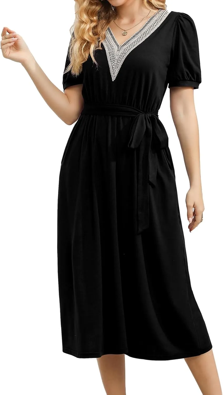 Women's Summer Elegant Short Sleeve V-Neck Double Pockets Dresses Casual Midi Length Flared A Line Dress with Belt 708