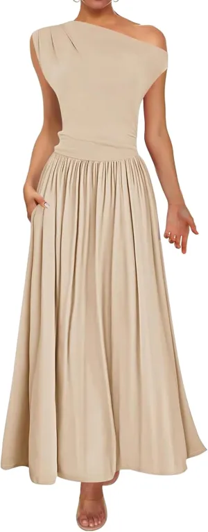 Womens Summer Maxi Dress One Shoulder Sleeveless Pleated Dress Dressy Slim Wedding Guest Long Dresses with Pockets