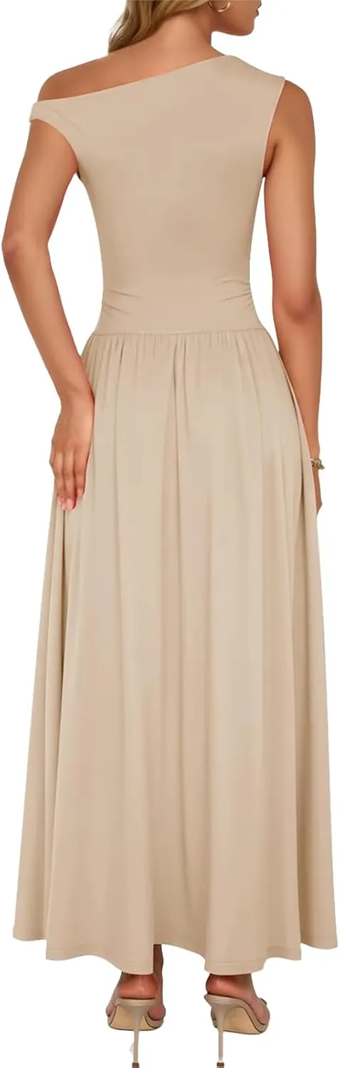 Womens Summer Maxi Dress One Shoulder Sleeveless Pleated Dress Dressy Slim Wedding Guest Long Dresses with Pockets