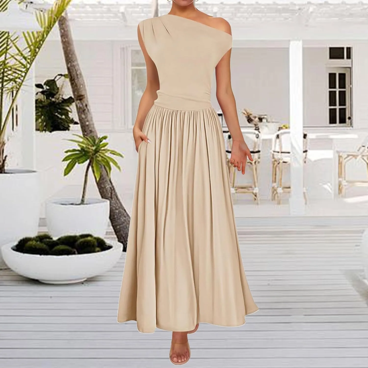 Womens Summer Maxi Dress One Shoulder Sleeveless Pleated Dress Dressy Slim Wedding Guest Long Dresses with Pockets