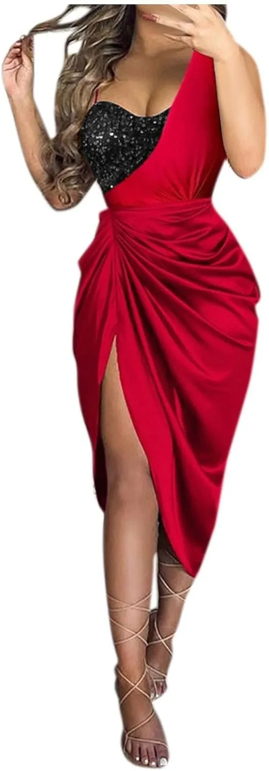 Women's Summer Sexy Elegant Trendy Solid Color Cold Shoulder Sequins Split Party Cocktail Prom Dress, S-3XL