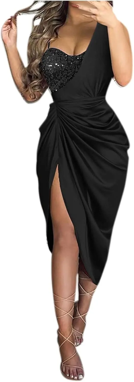 Women's Summer Sexy Elegant Trendy Solid Color Cold Shoulder Sequins Split Party Cocktail Prom Dress, S-3XL