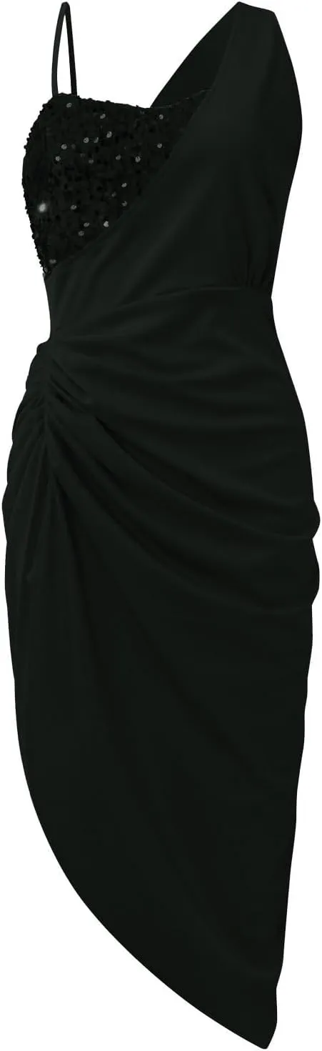 Women's Summer Sexy Elegant Trendy Solid Color Cold Shoulder Sequins Split Party Cocktail Prom Dress, S-3XL