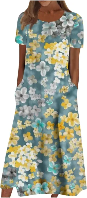 Women's Summer Short Sleeve A-Line Midi Dresses Casual Floral T-Shirt Dress Flowy Beach Sundress with Pockets