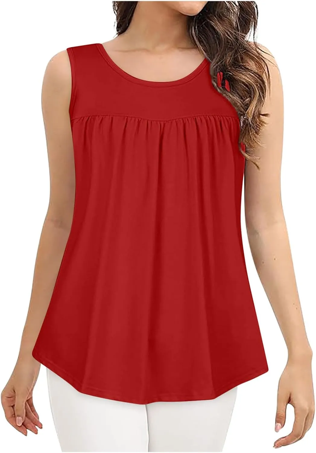 Womens Summer Tank Tops Flowy Pleated Sleeveless T Shirt Casual Loose Fit Swing Tunic Solid Vacation Blouses