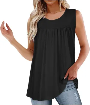 Womens Summer Tank Tops Flowy Pleated Sleeveless T Shirt Casual Loose Fit Swing Tunic Solid Vacation Blouses