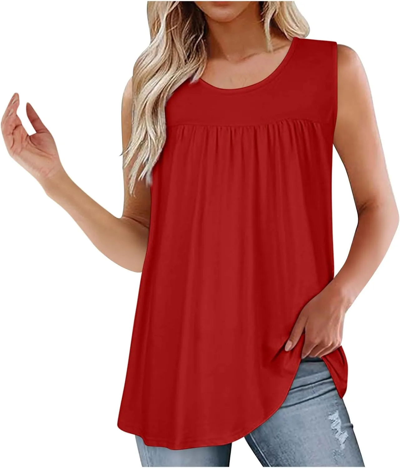 Womens Summer Tank Tops Flowy Pleated Sleeveless T Shirt Casual Loose Fit Swing Tunic Solid Vacation Blouses