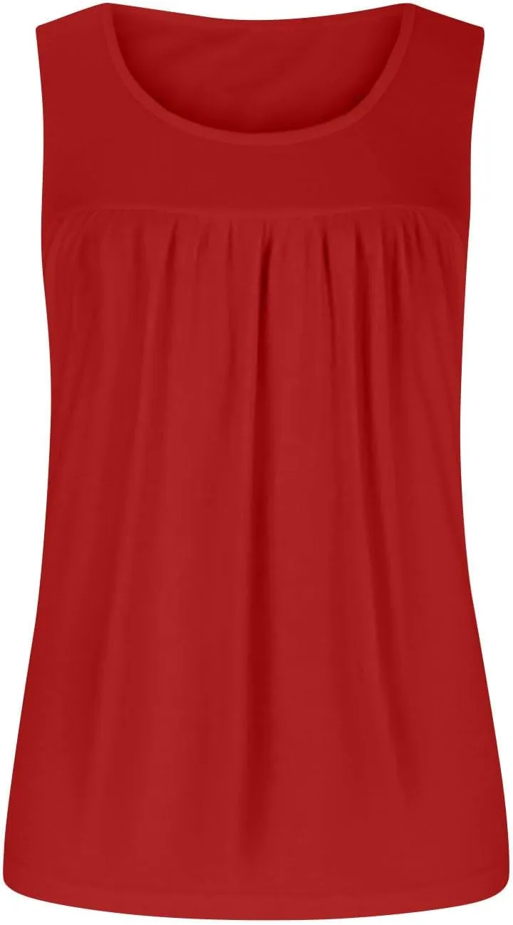 Womens Summer Tank Tops Flowy Pleated Sleeveless T Shirt Casual Loose Fit Swing Tunic Solid Vacation Blouses