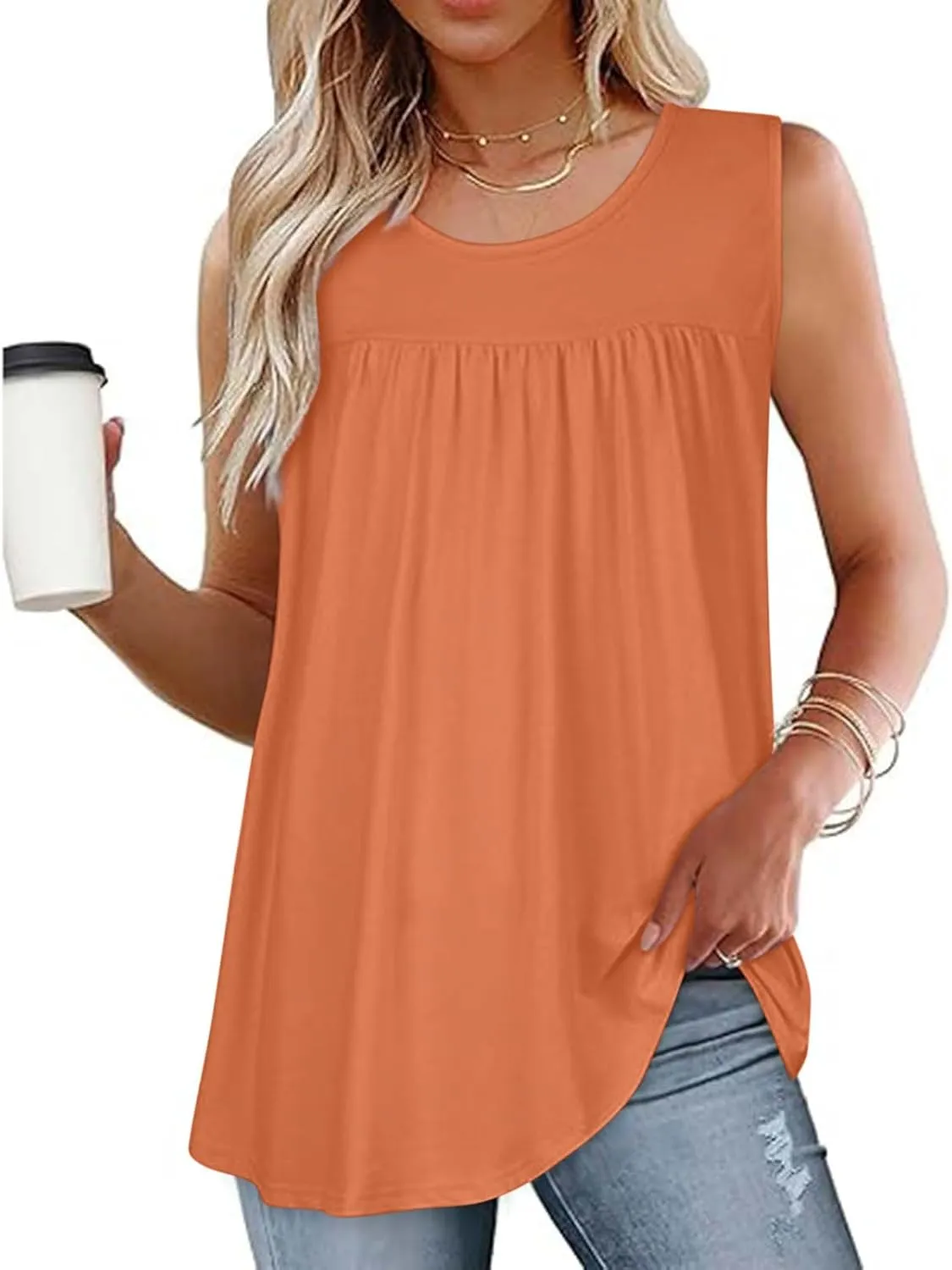 Womens Summer Tank Tops Flowy Pleated Sleeveless T Shirt Casual Loose Fit Swing Tunic Solid Vacation Blouses