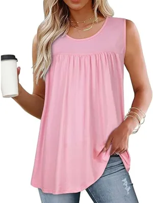 Womens Summer Tank Tops Flowy Pleated Sleeveless T Shirt Casual Loose Fit Swing Tunic Solid Vacation Blouses