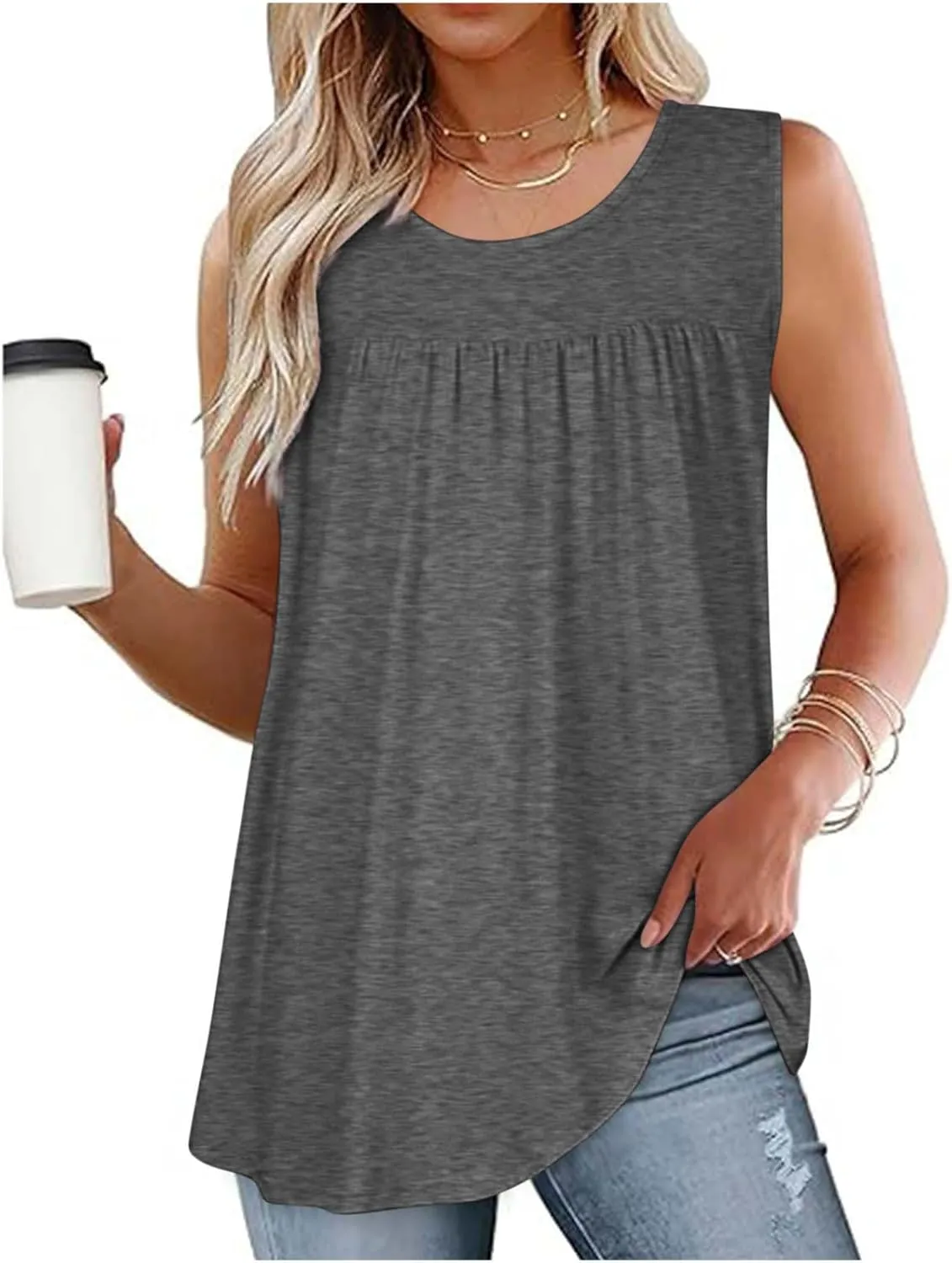 Womens Summer Tank Tops Flowy Pleated Sleeveless T Shirt Casual Loose Fit Swing Tunic Solid Vacation Blouses