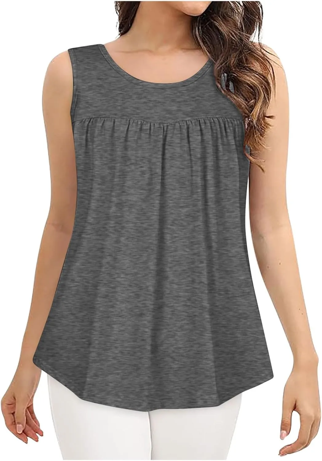 Womens Summer Tank Tops Flowy Pleated Sleeveless T Shirt Casual Loose Fit Swing Tunic Solid Vacation Blouses