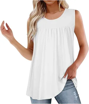 Womens Summer Tank Tops Flowy Pleated Sleeveless T Shirt Casual Loose Fit Swing Tunic Solid Vacation Blouses