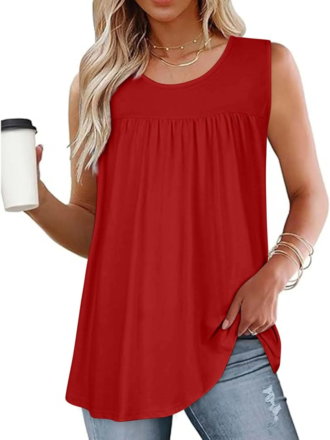 Womens Summer Tank Tops Flowy Pleated Sleeveless T Shirt Casual Loose Fit Swing Tunic Solid Vacation Blouses