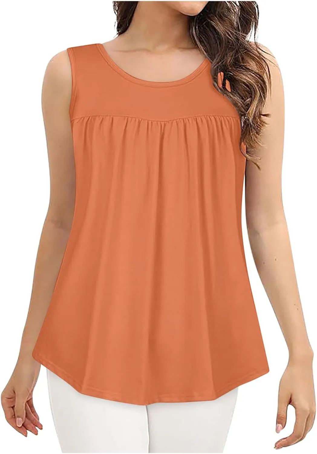 Womens Summer Tank Tops Flowy Pleated Sleeveless T Shirt Casual Loose Fit Swing Tunic Solid Vacation Blouses