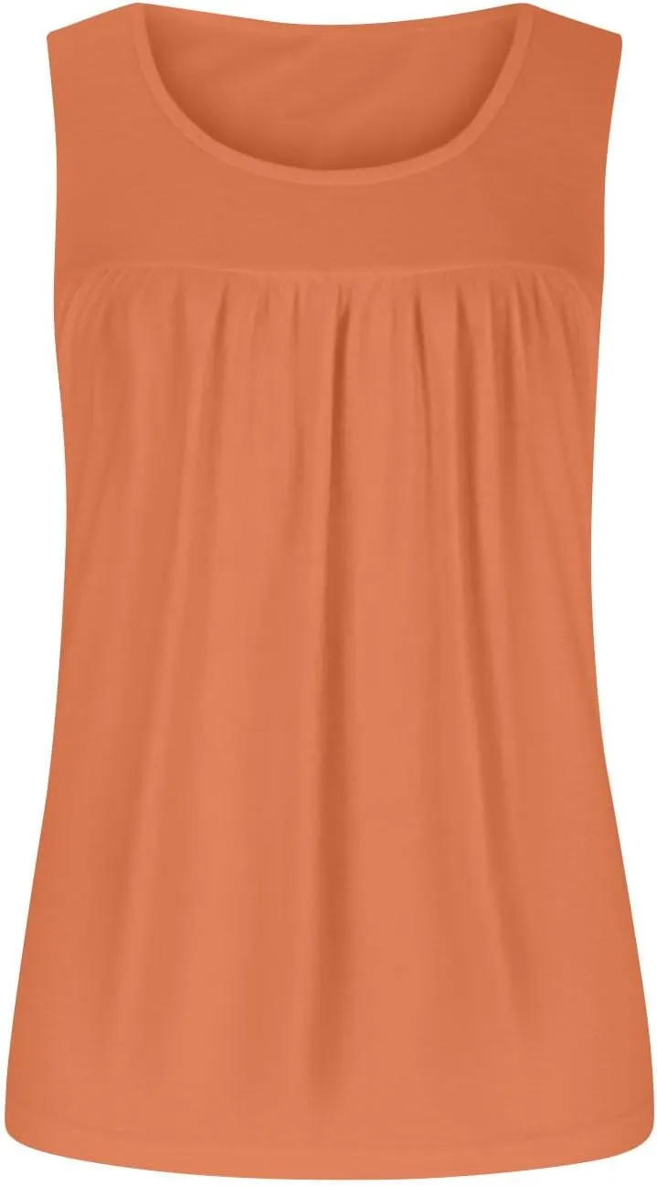 Womens Summer Tank Tops Flowy Pleated Sleeveless T Shirt Casual Loose Fit Swing Tunic Solid Vacation Blouses