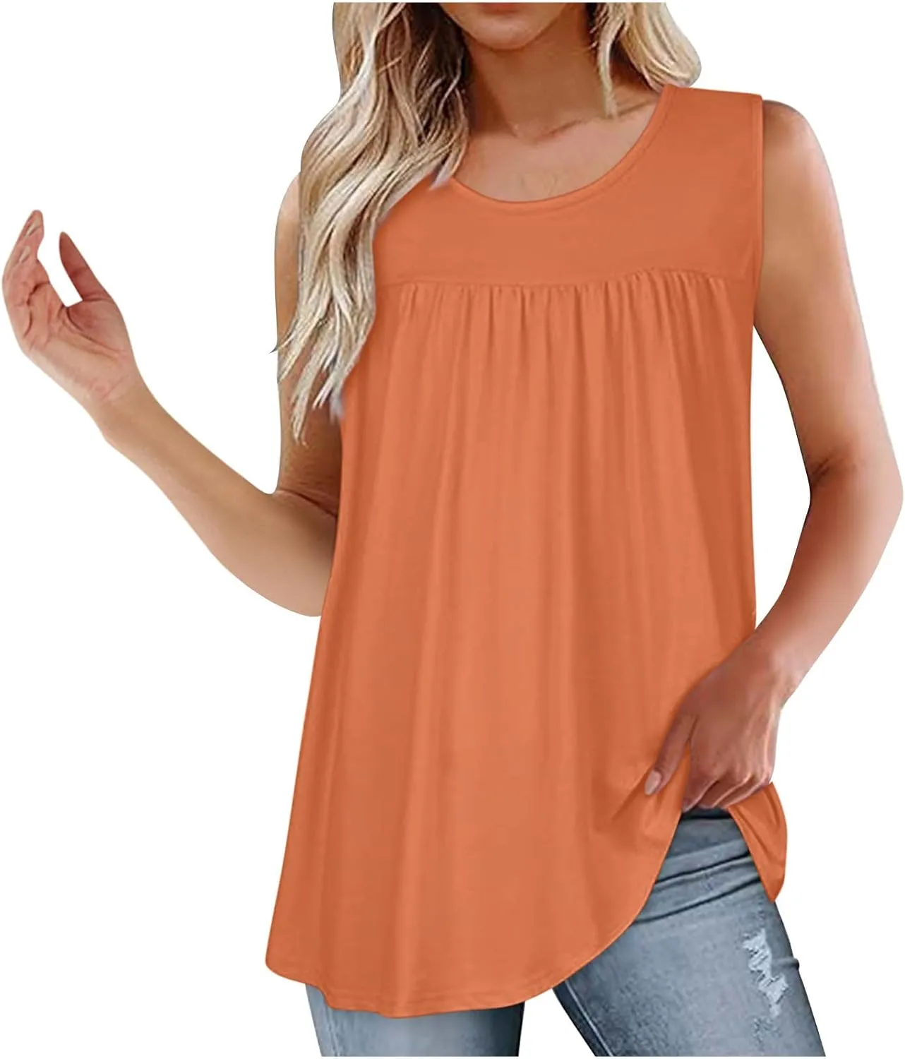 Womens Summer Tank Tops Flowy Pleated Sleeveless T Shirt Casual Loose Fit Swing Tunic Solid Vacation Blouses