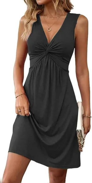 Womens Tank Dress Deep V-Neck Sleeveless Midi Dress Front Knotted Waist Tunic Ruched Summer A Line Sundress