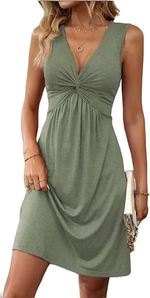 Womens Tank Dress Deep V-Neck Sleeveless Midi Dress Front Knotted Waist Tunic Ruched Summer A Line Sundress