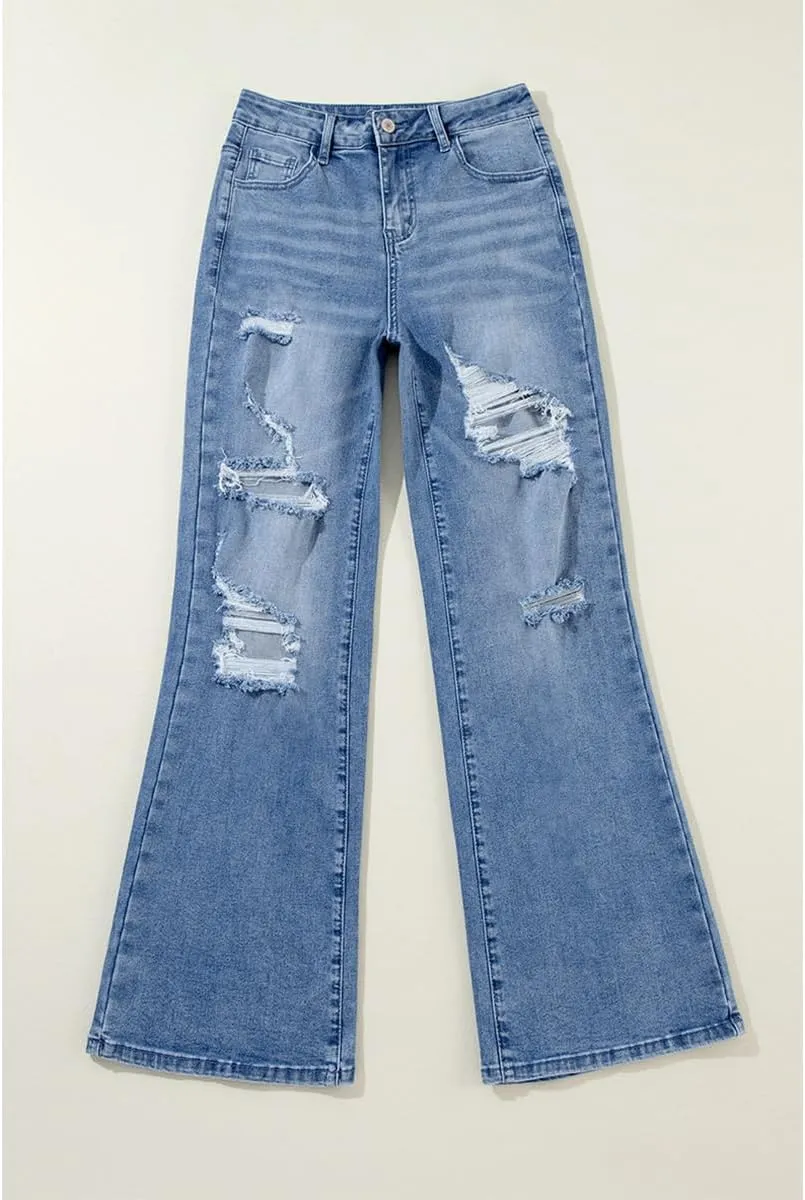Women's Trendy High Waisted Ripped Jeans Distressed Stretchy Wide Leg Straight Leg Jeans