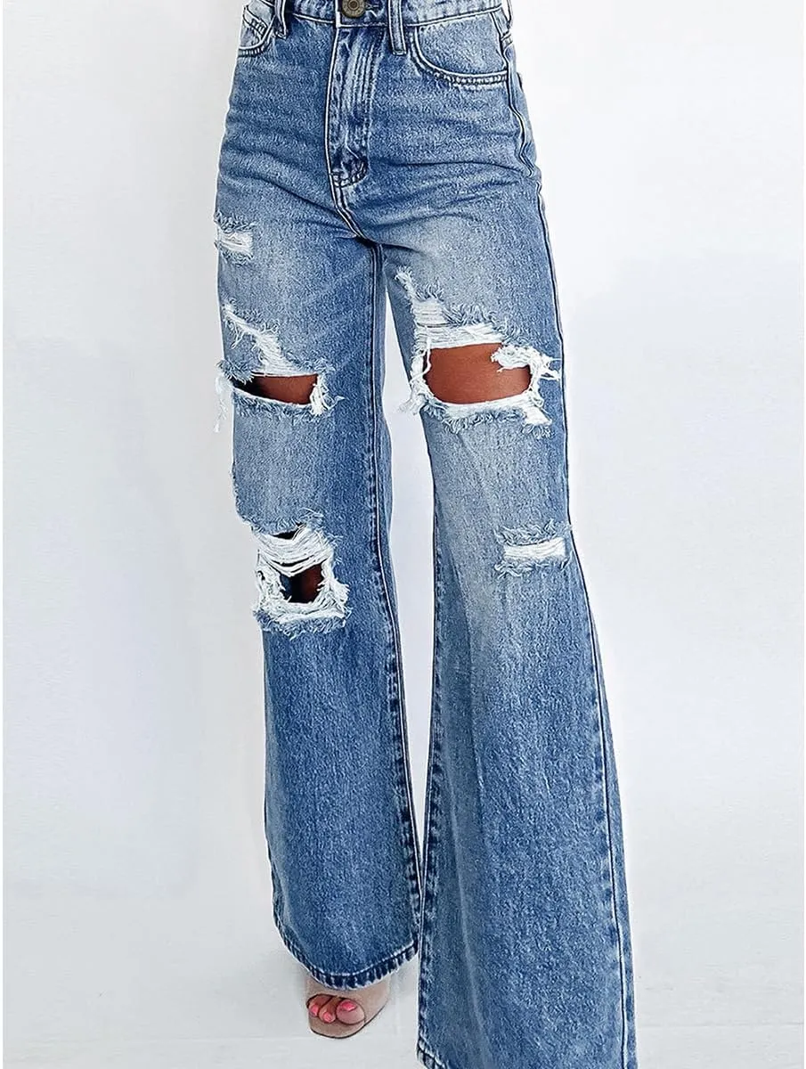 Women's Trendy High Waisted Ripped Jeans Distressed Stretchy Wide Leg Straight Leg Jeans