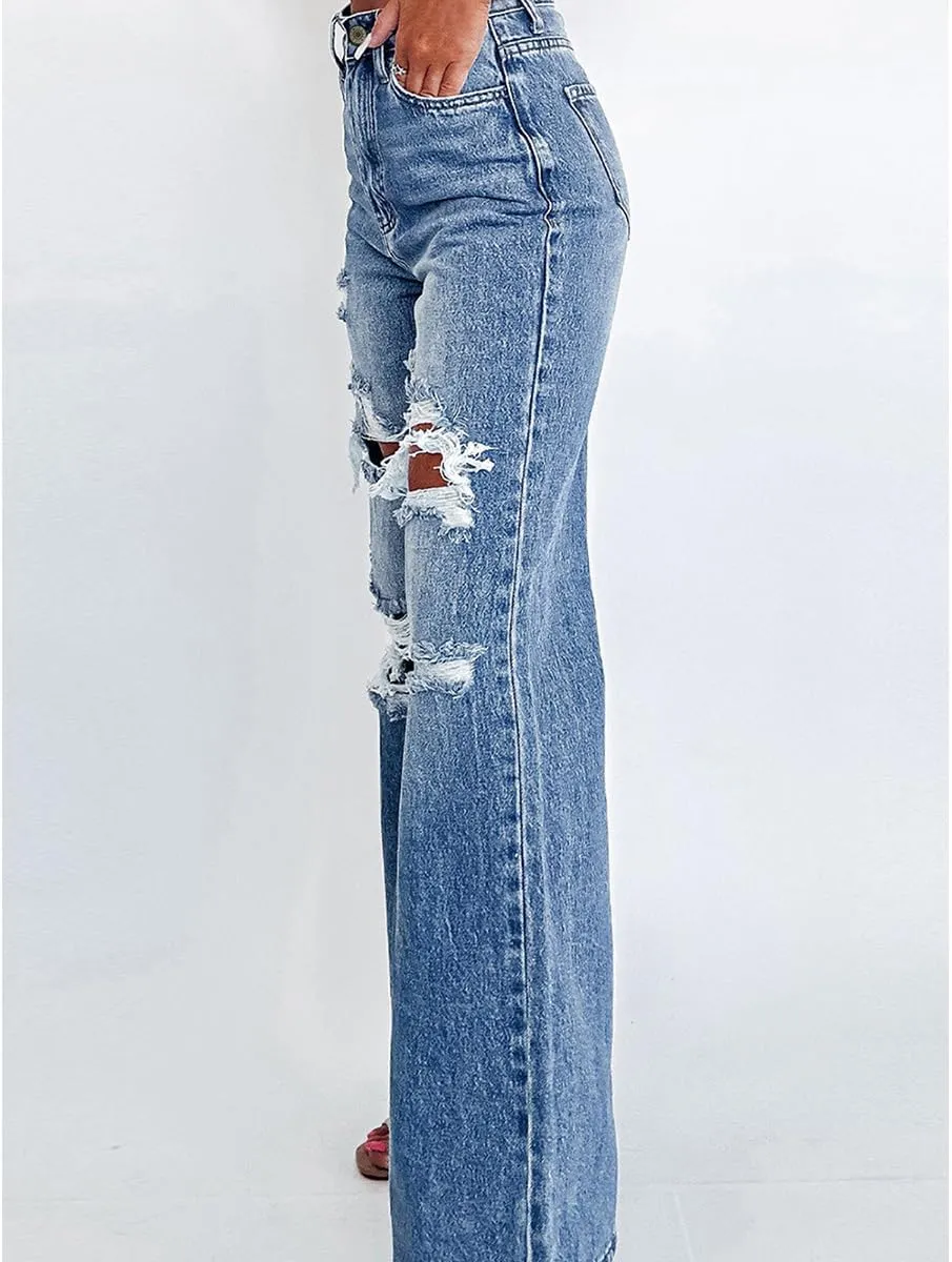 Women's Trendy High Waisted Ripped Jeans Distressed Stretchy Wide Leg Straight Leg Jeans