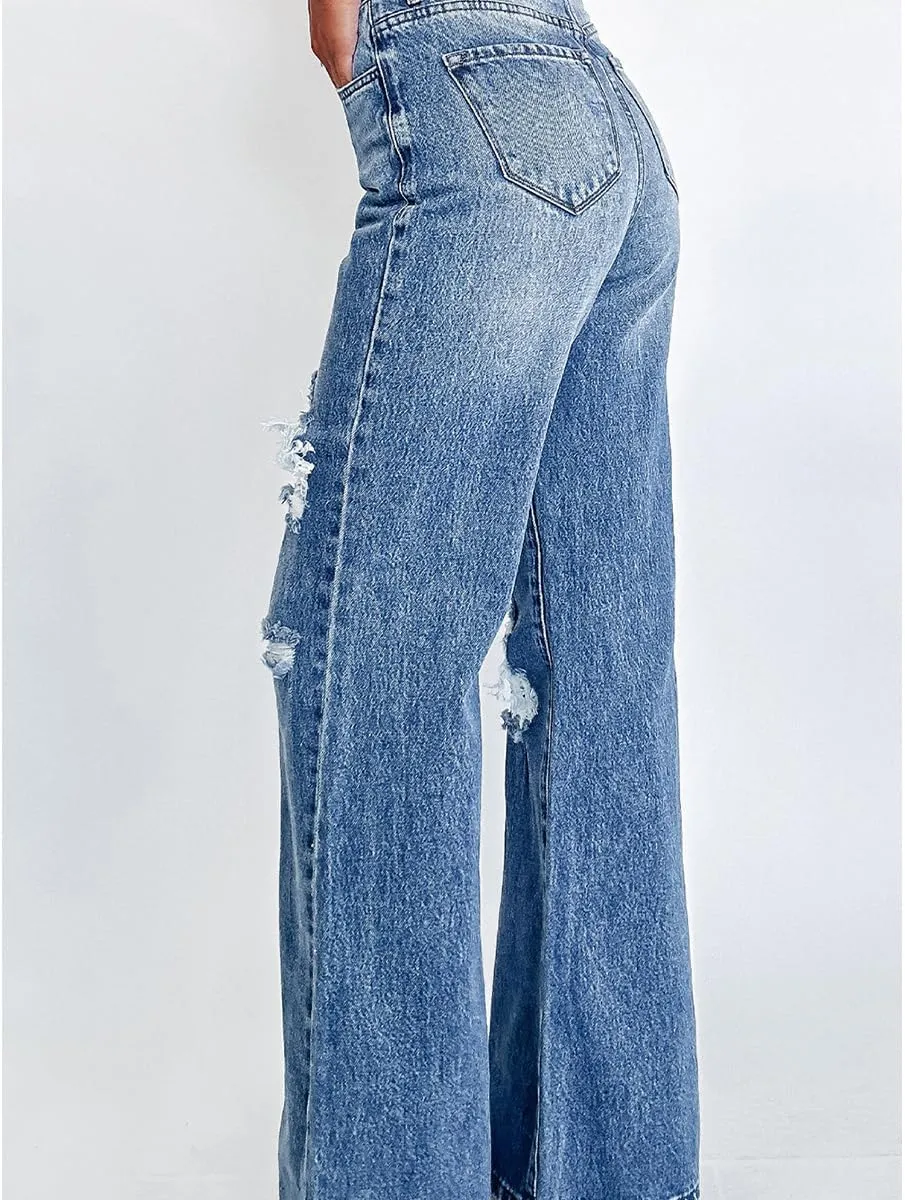 Women's Trendy High Waisted Ripped Jeans Distressed Stretchy Wide Leg Straight Leg Jeans