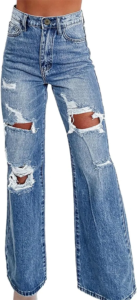 Women's Trendy High Waisted Ripped Jeans Distressed Stretchy Wide Leg Straight Leg Jeans
