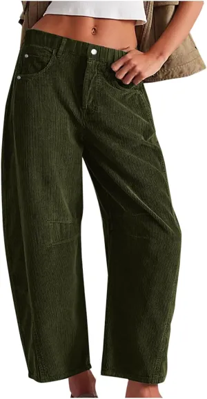 Women's Vintage Corduroy Pants Casual High Elastic Waist Pants Loose Comfy Straight Leg Trousers with Pockets