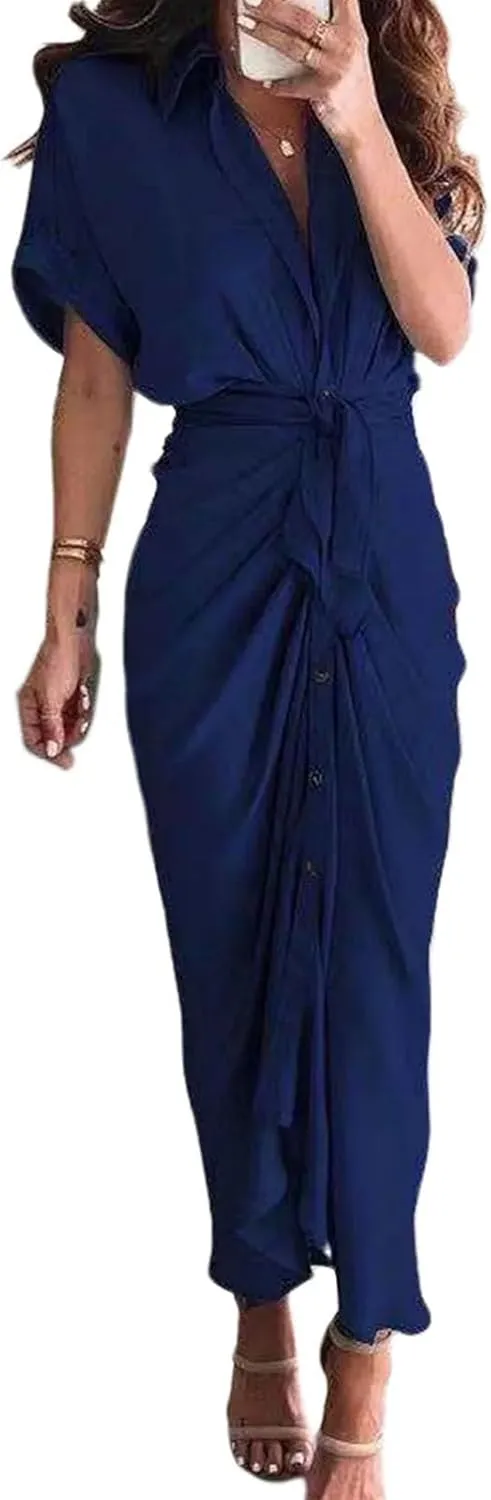 Womens Vintage V-Neck Dress Short Sleeve Elegant Ruched Long Wrap Dress A-Line Flowy Maxi Skirt