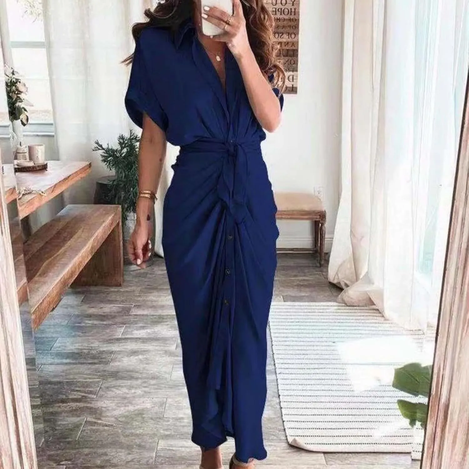 Womens Vintage V-Neck Dress Short Sleeve Elegant Ruched Long Wrap Dress A-Line Flowy Maxi Skirt