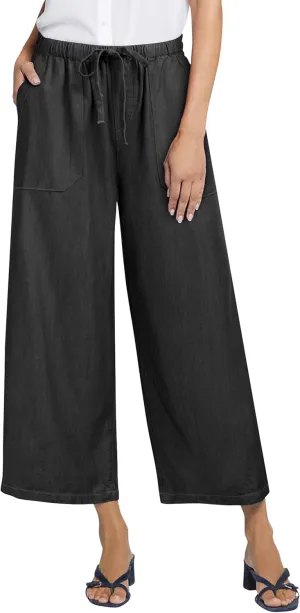 Women's Wide Leg Baggy Cropped Jeans with Elastic Waist Pull On Lightweight Loose Fit Denim Pants with Pockets