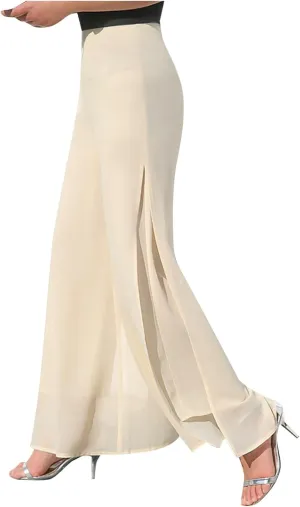 Women's Wide Leg Chiffon Dress Pants High Waist Straight Leg Pants Flared Palazzo Flowy Layered Boho Long Trousers