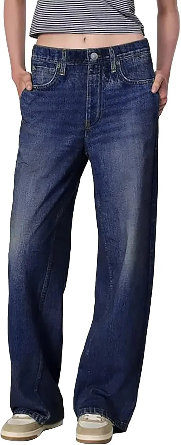 Womens Wide Leg Jeans Bowknot High Waisted Denim Pants Straight Leg Y2K Casual Baggy Trousers with Pockets Trendy