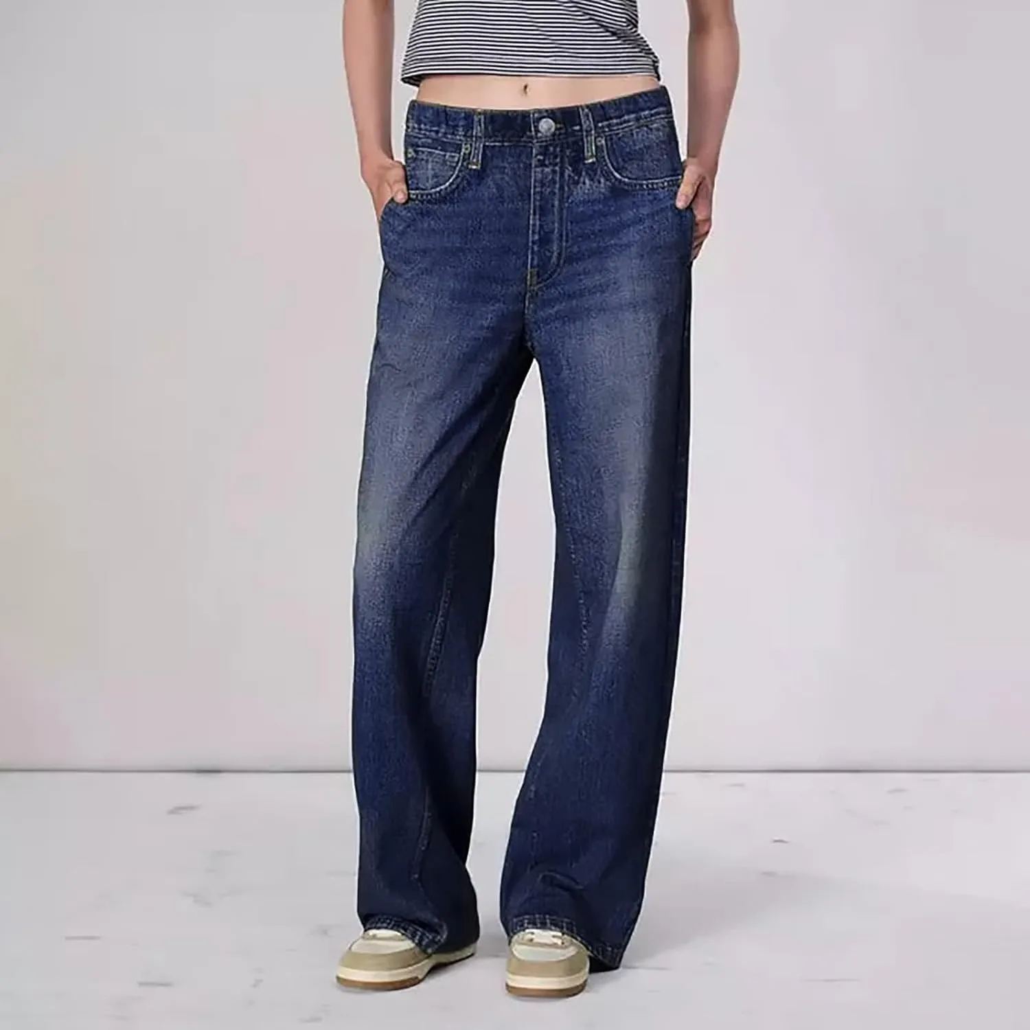Womens Wide Leg Jeans Bowknot High Waisted Denim Pants Straight Leg Y2K Casual Baggy Trousers with Pockets Trendy