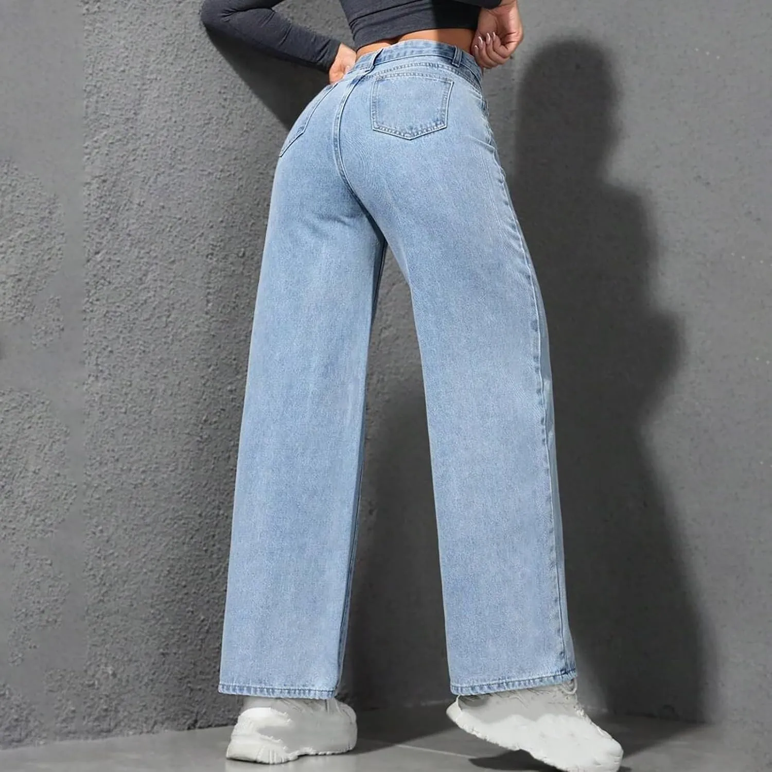 Women's Wide Leg Jeans Fashion Trendy Solid Oversized Denim Pants Flowy High Waisted Straight Leg Ladies Trousers