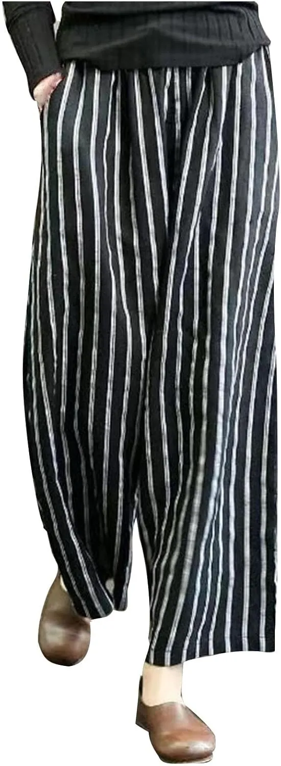 Women's Wide Leg Palazzo Pants Summer Casual Elastic Waist Capri Trousers Comfy Fashion Y2k Stripe Straight Leg Pants